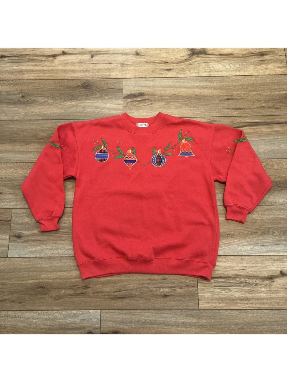 Christmas Ornament Sweatshirt SZ Small Red Embroidered Holiday Grandma Vintage